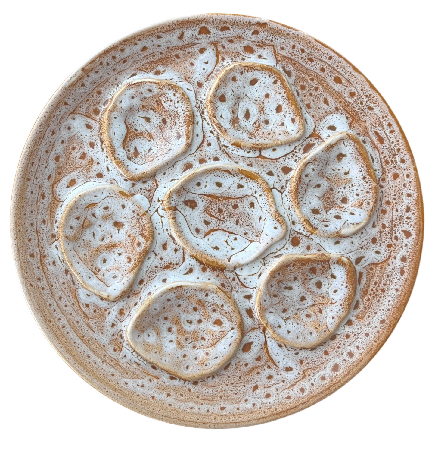 French vintage barbotine oyster plate in tan & white fleck