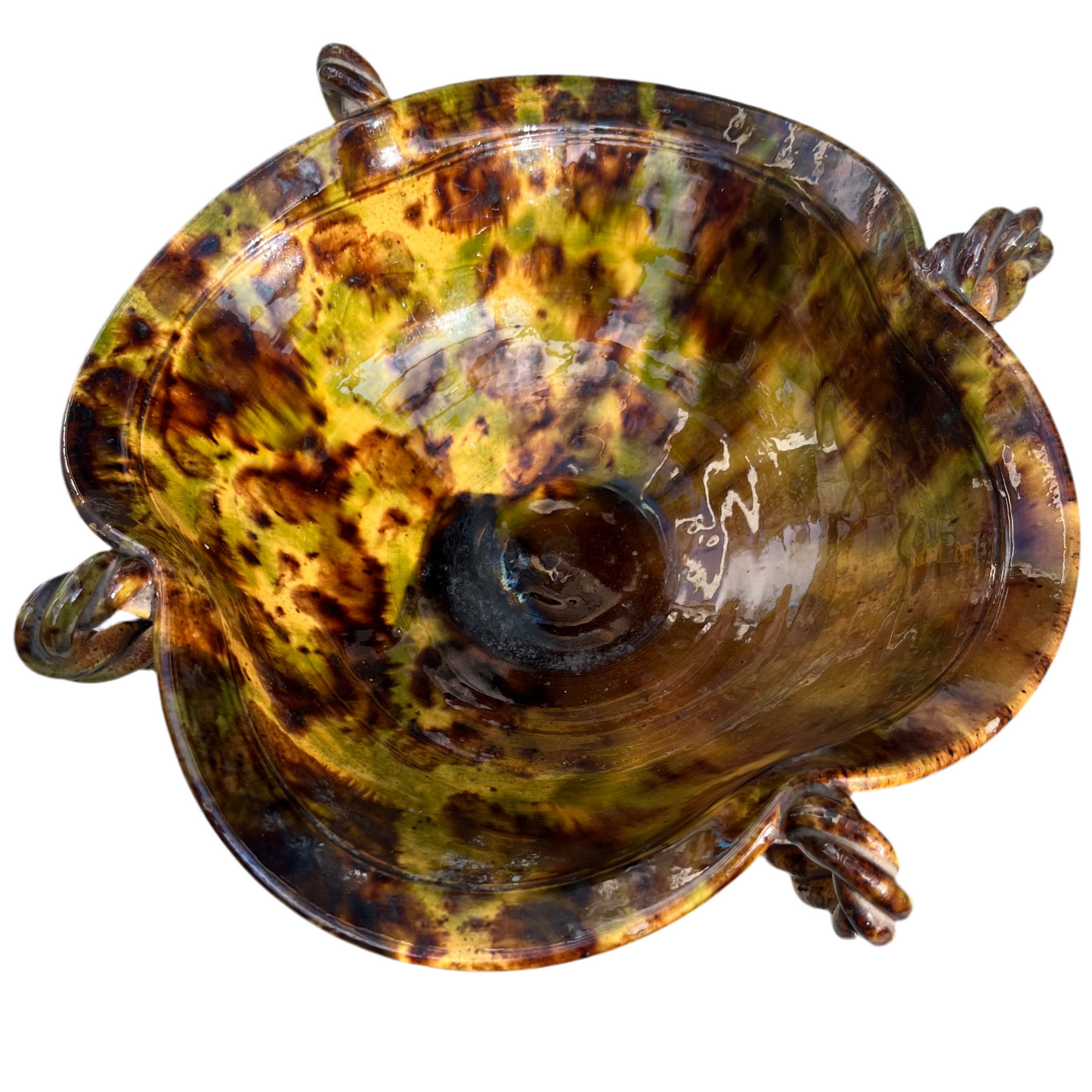 Vintage tortoiseshell ceramic bowl with twisted handle detailing