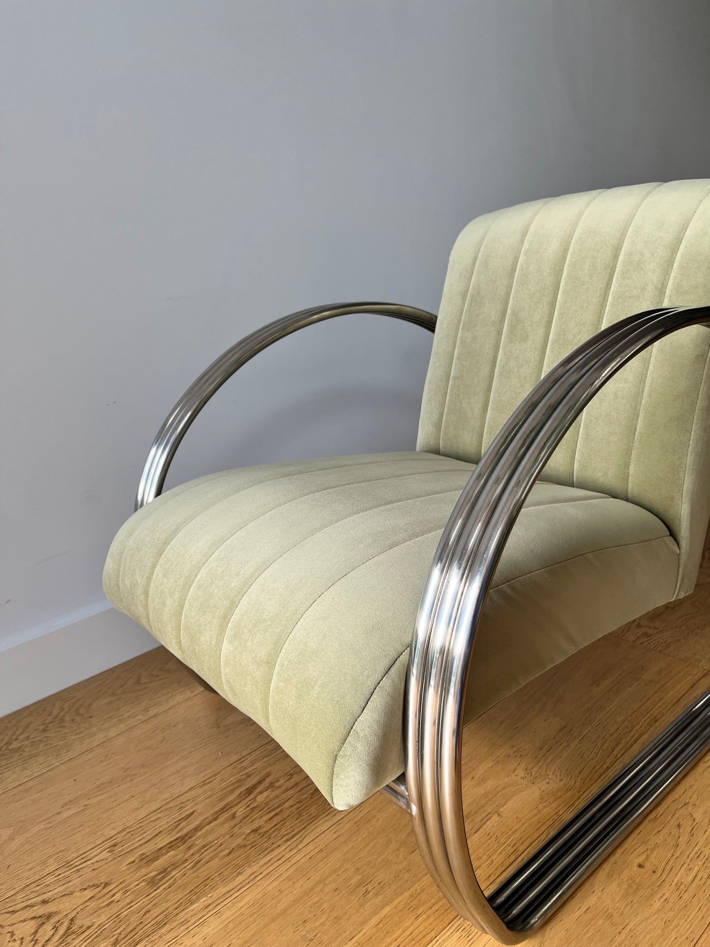 Mid-Century tubular chrome armchair in sage green