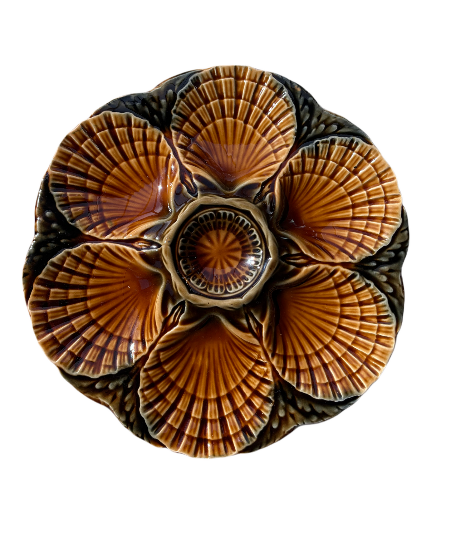 French vintage barbotine oyster plate in mocha