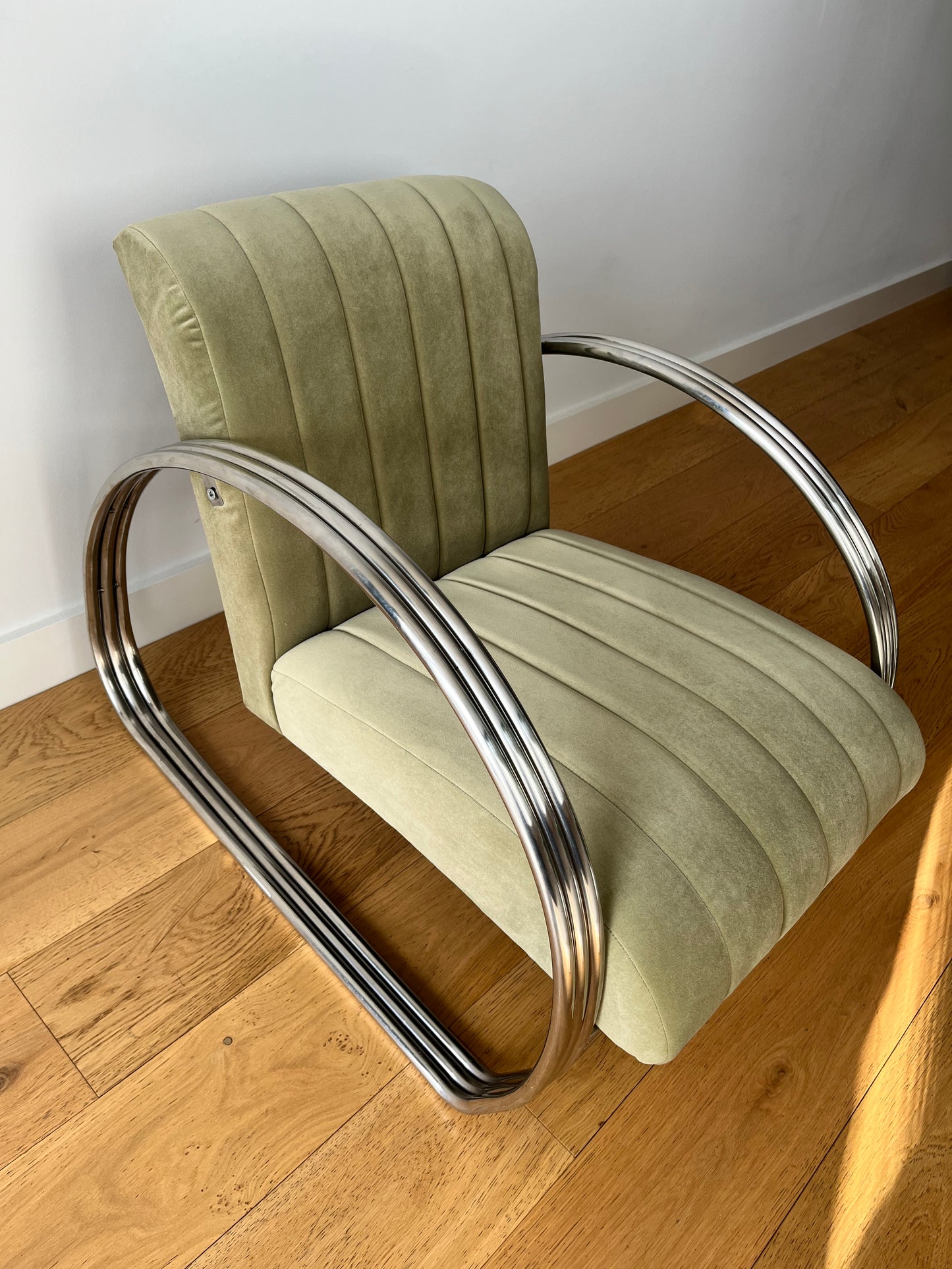 Mid-Century tubular chrome armchair in sage green