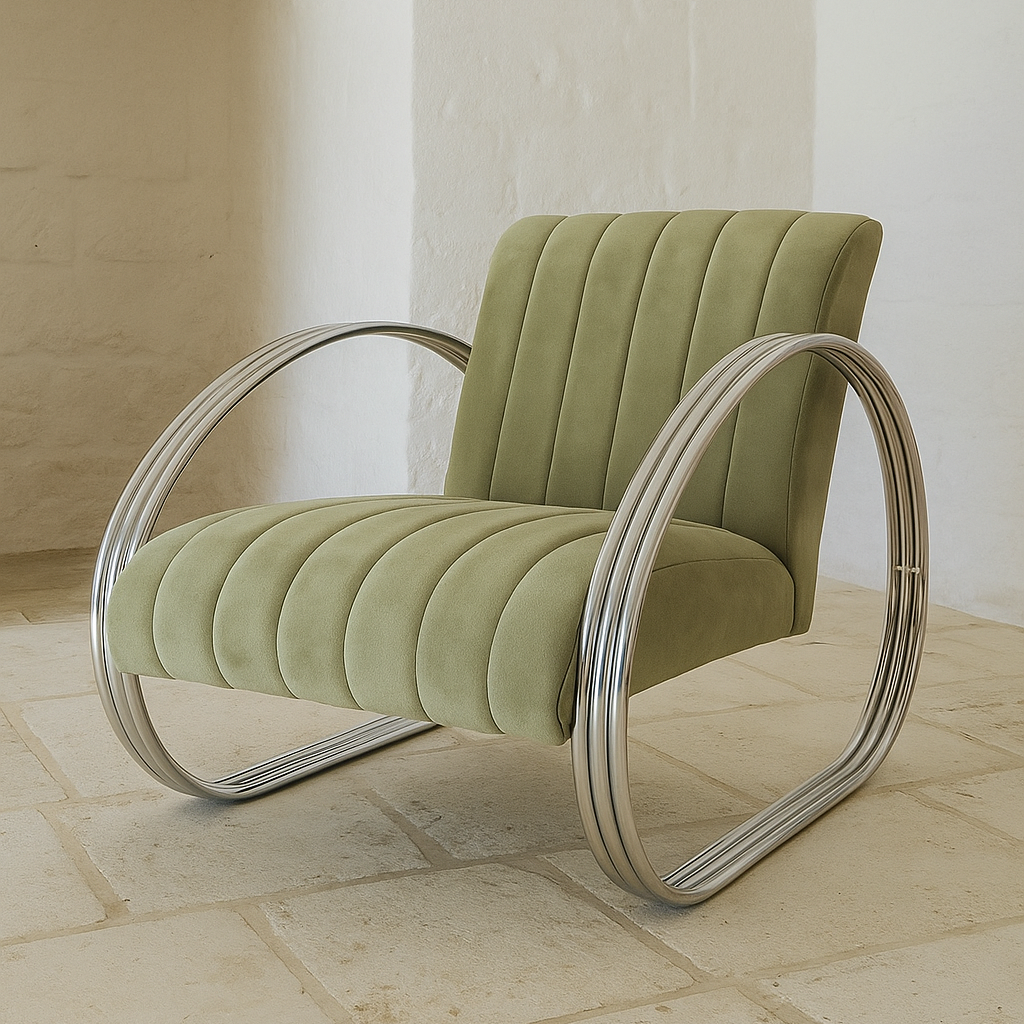 Mid-Century tubular chrome armchair in sage green