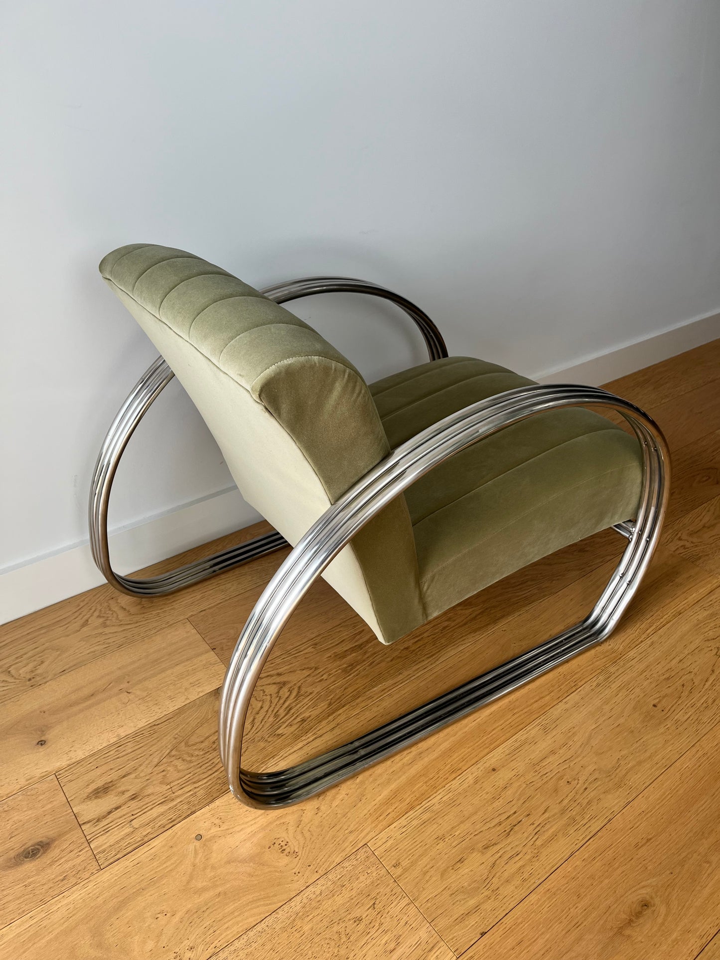 Mid-Century tubular chrome armchair in sage green