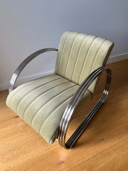 Mid-Century tubular chrome armchair in sage green