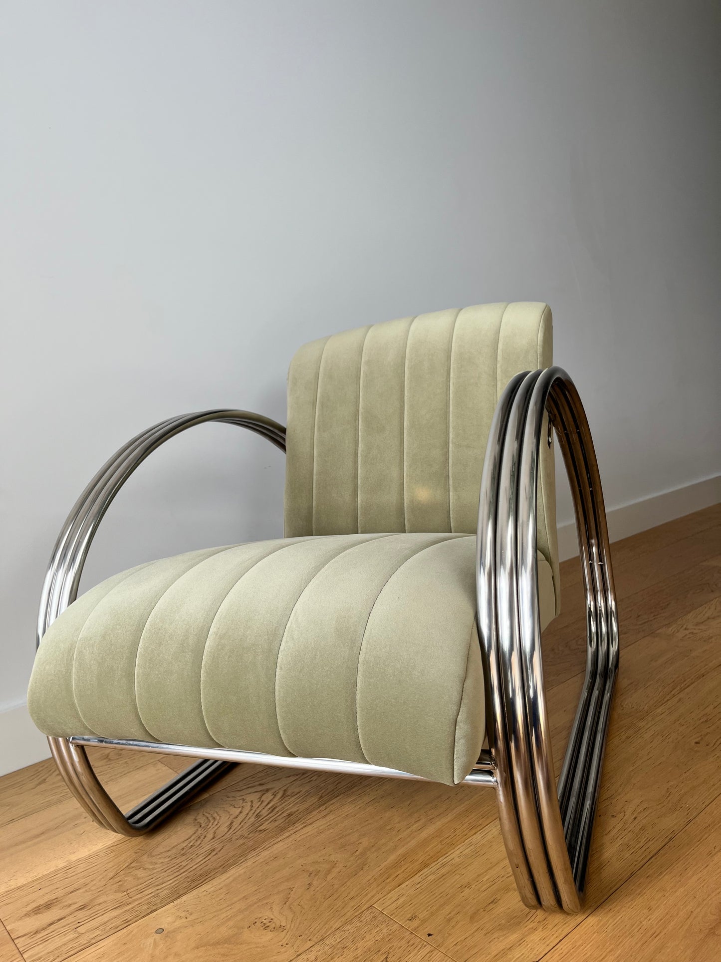 Mid-Century tubular chrome armchair in sage green