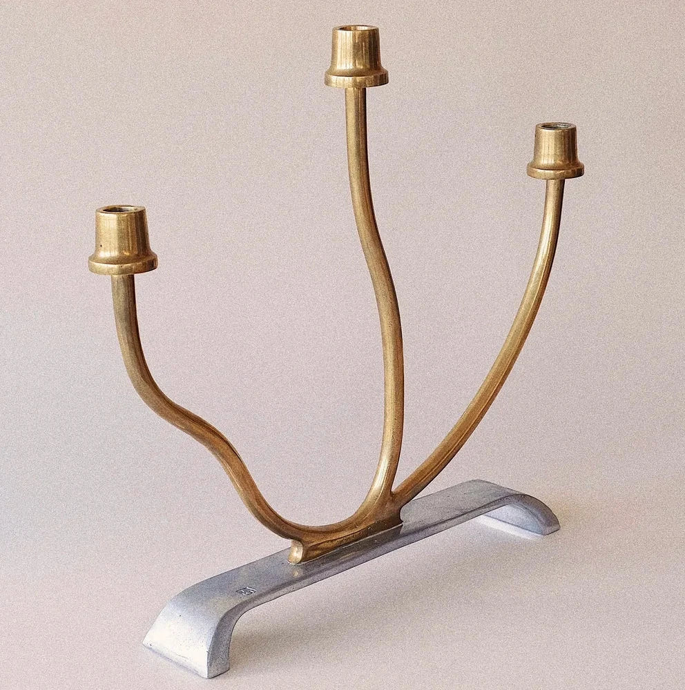 David Marshall Brutalist pewter and brass candelabra