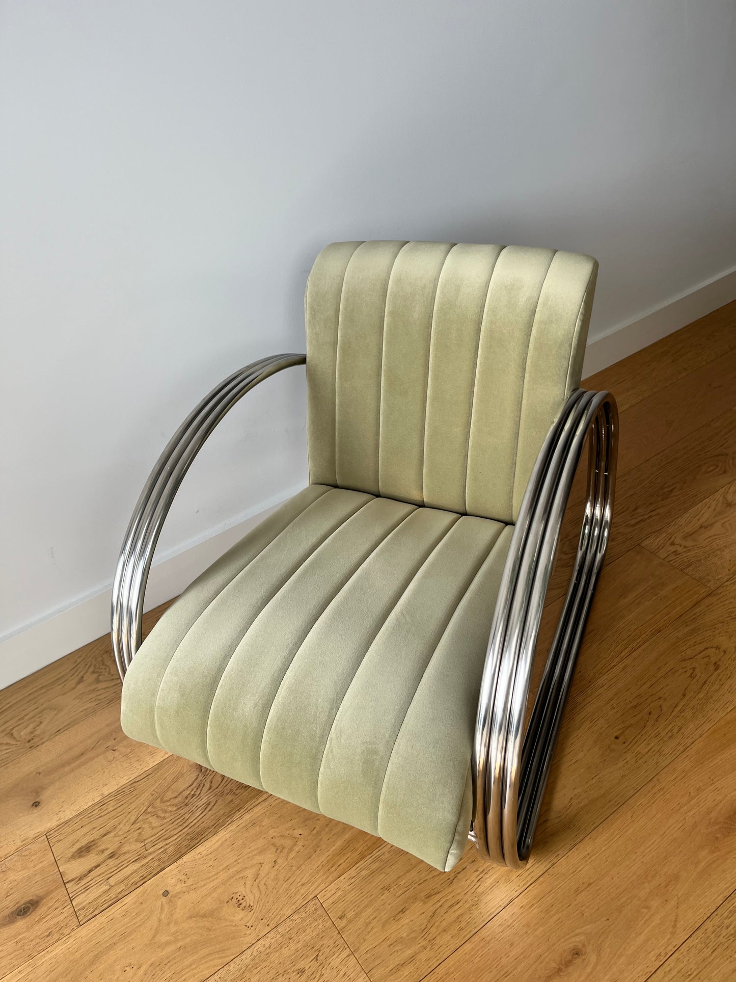 Mid-Century tubular chrome armchair in sage green