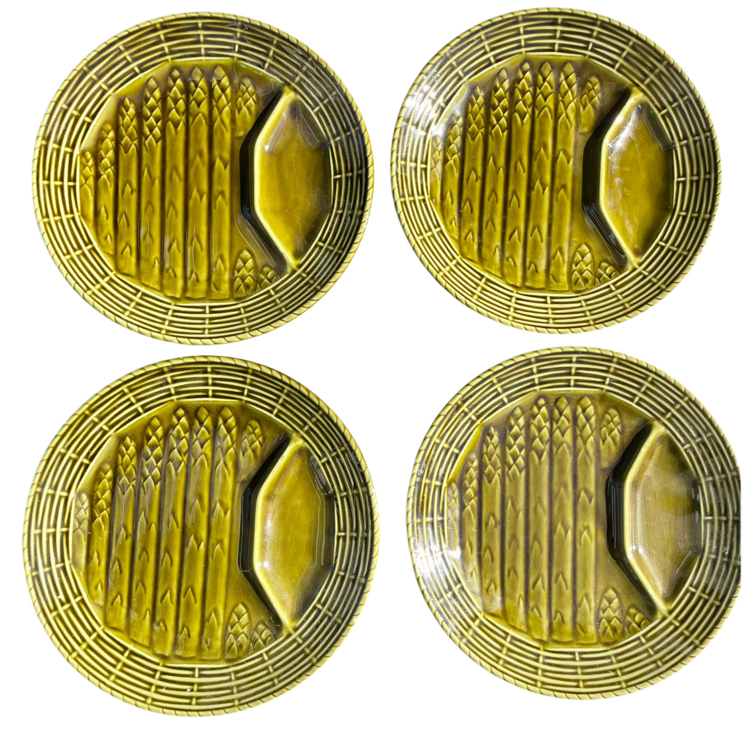 Olive green French majolica asparagus plates