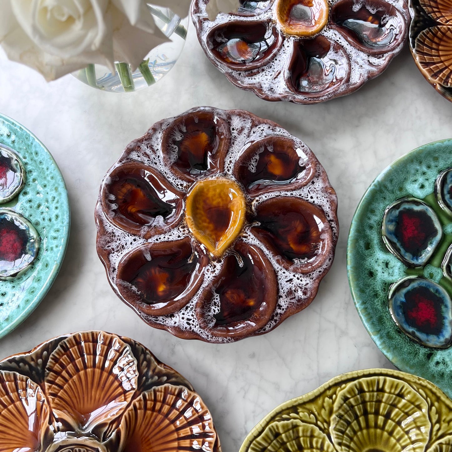 Vintage Vallauris oyster plate in burgundy