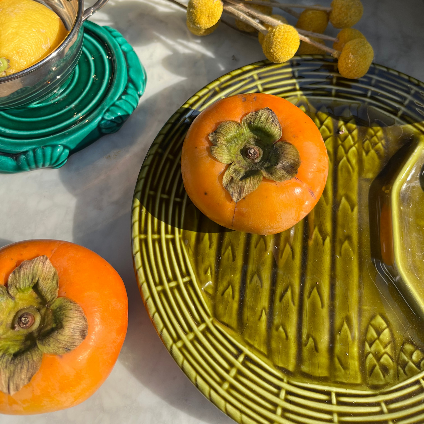 Olive green French majolica asparagus plates