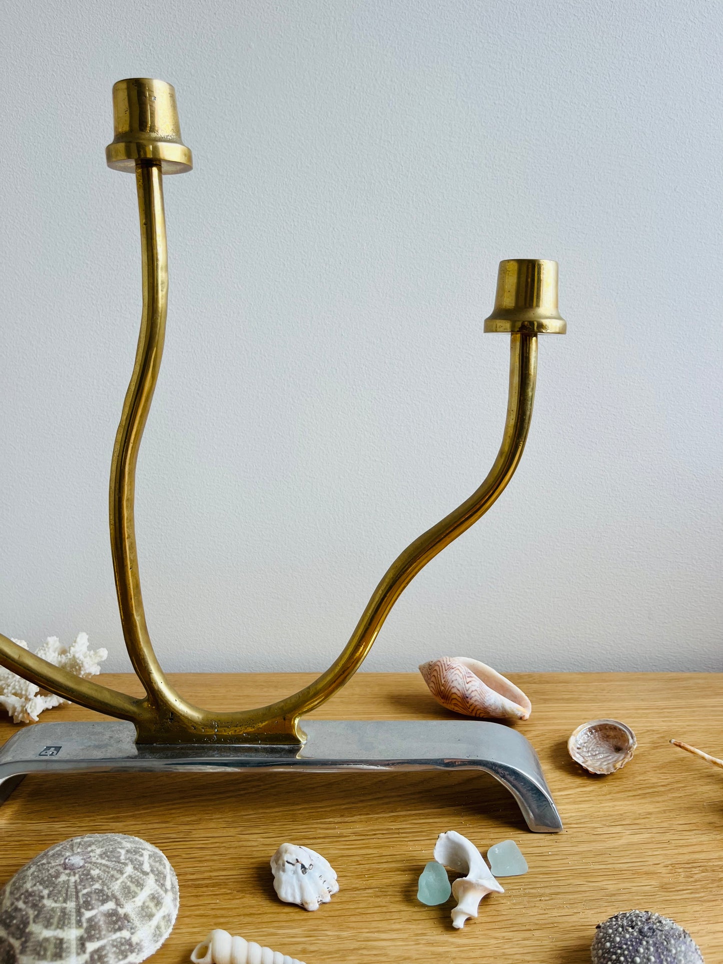 David Marshall Brutalist pewter and brass candelabra