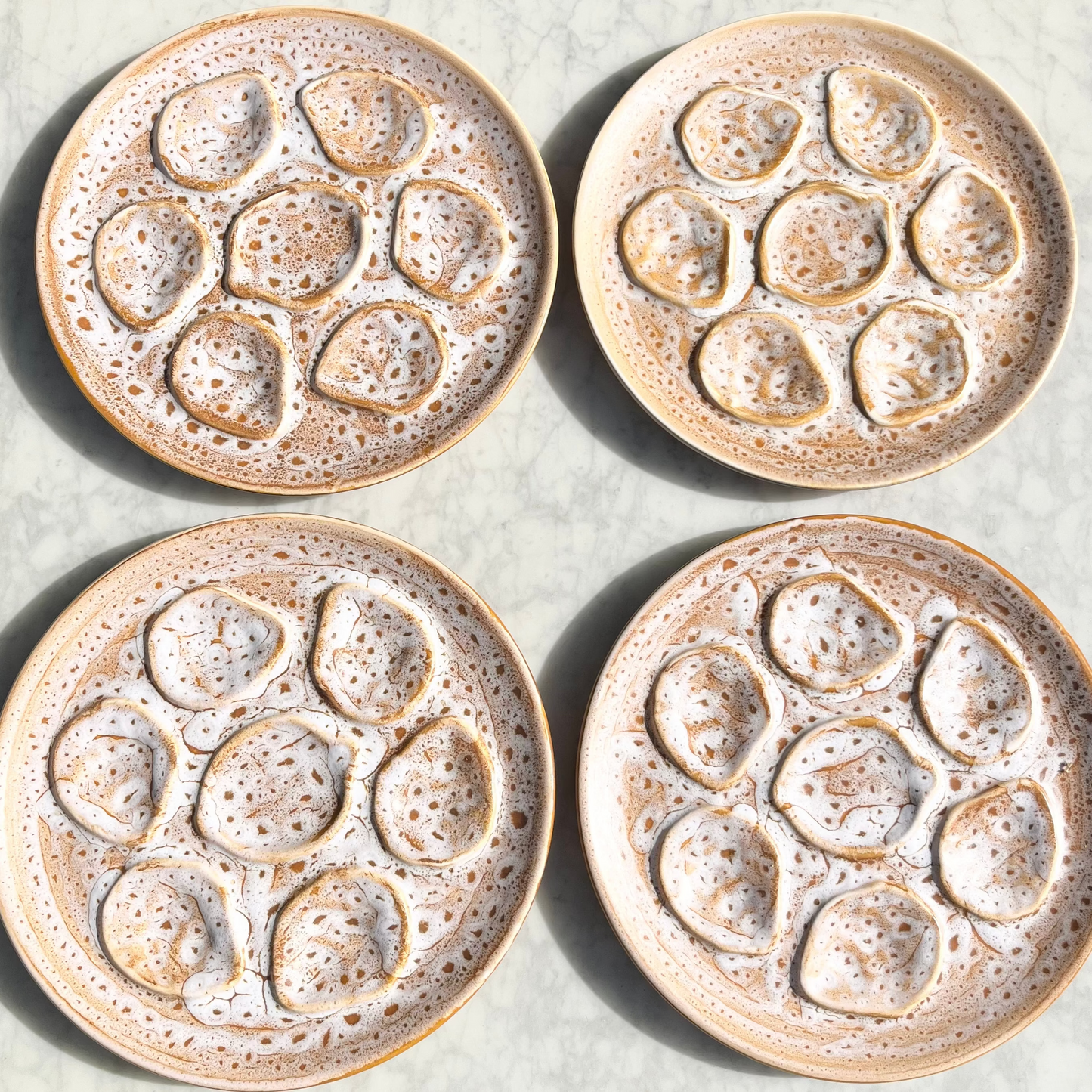 French vintage barbotine oyster plate in tan & white fleck