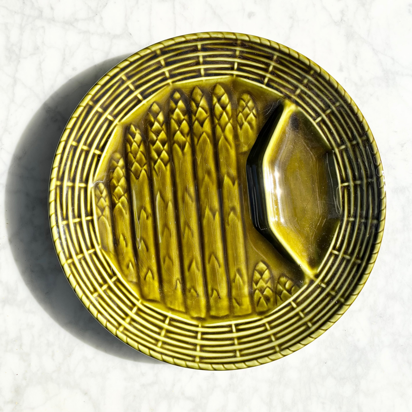 Olive green French majolica asparagus plates