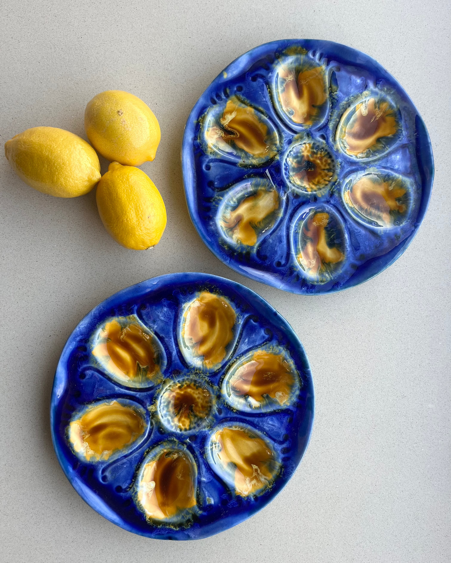 French vintage oyster plate in blue & mustard shades