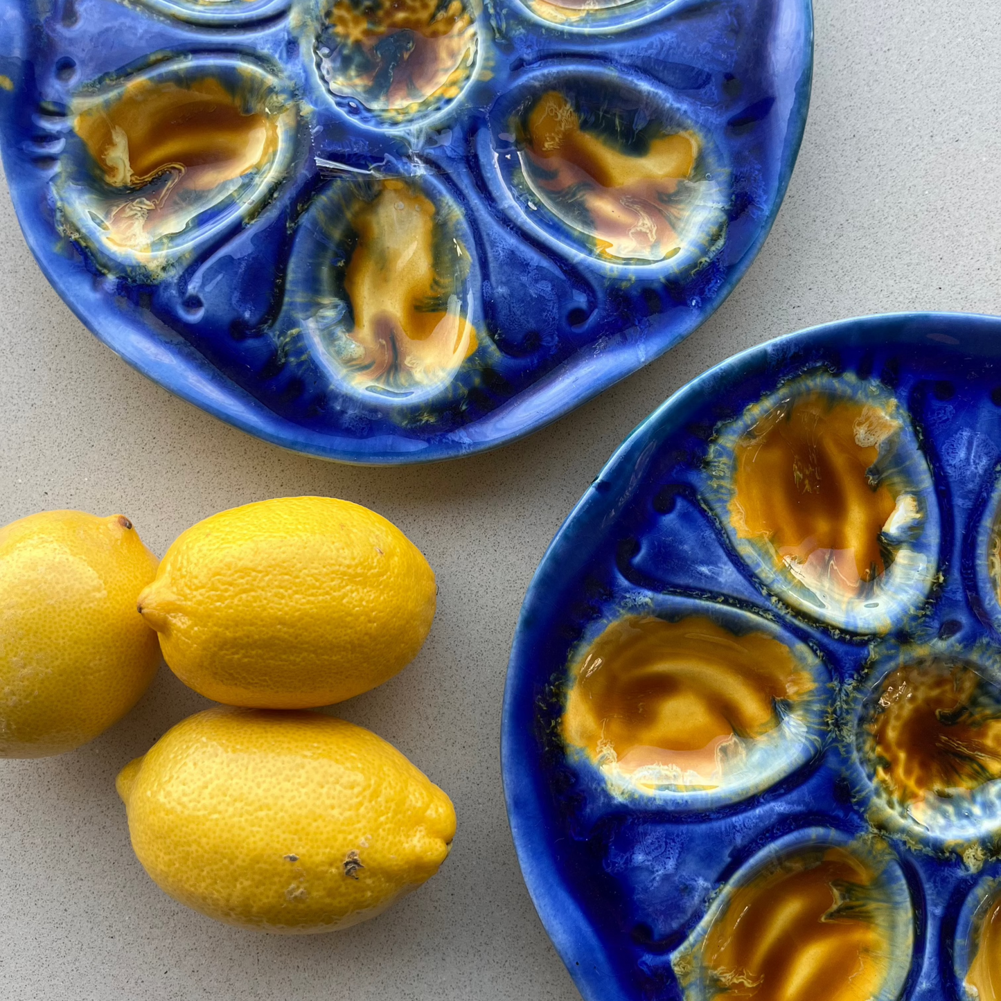 French vintage oyster plate in blue & mustard shades