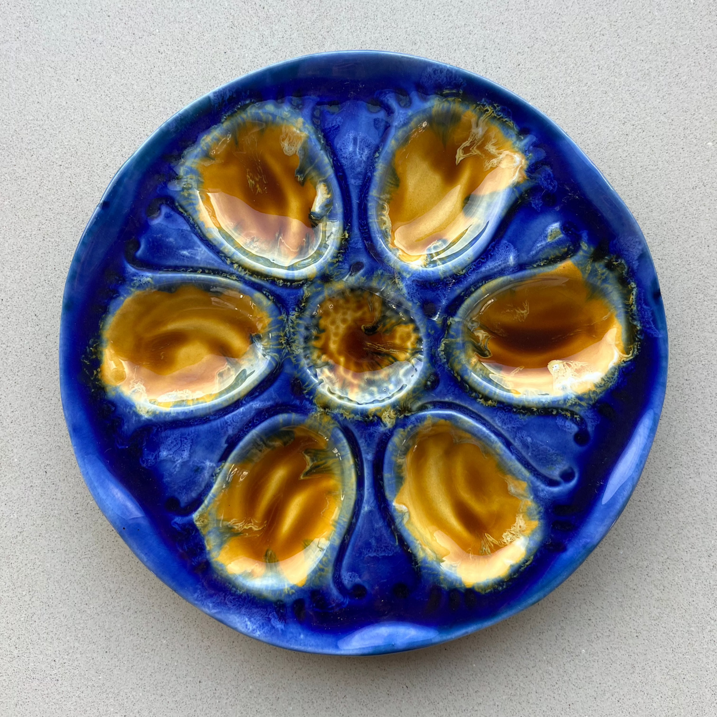 French vintage oyster plate in blue & mustard shades