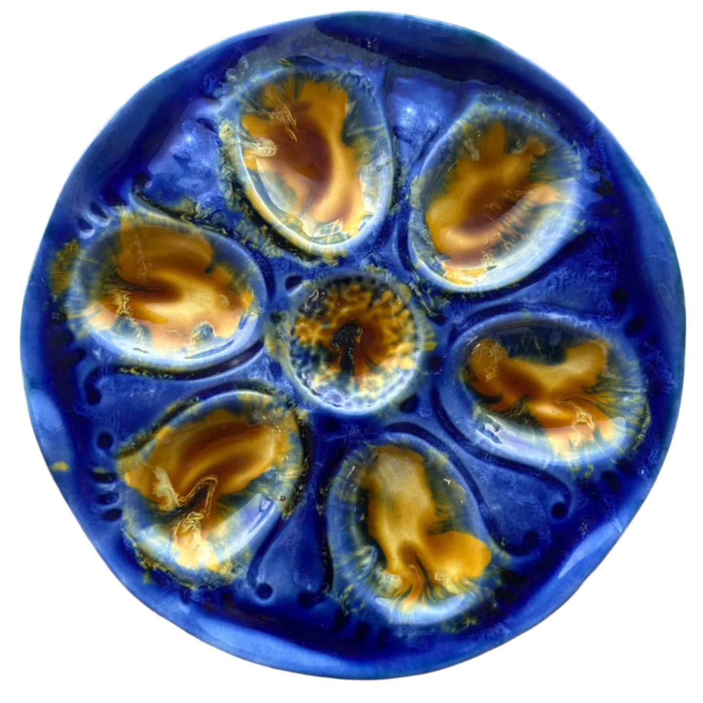 French vintage oyster plate in blue & mustard shades