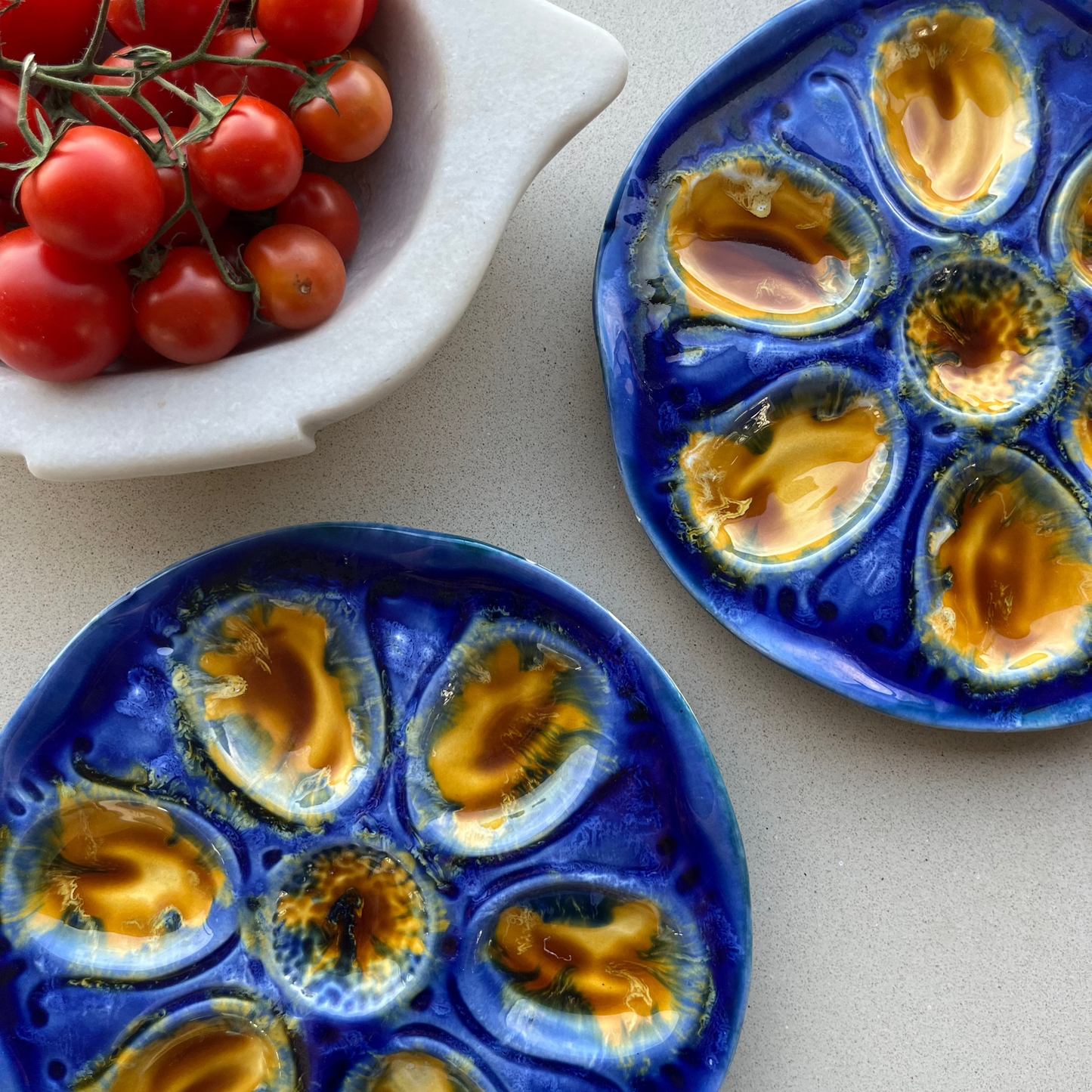 French vintage oyster plate in blue & mustard shades