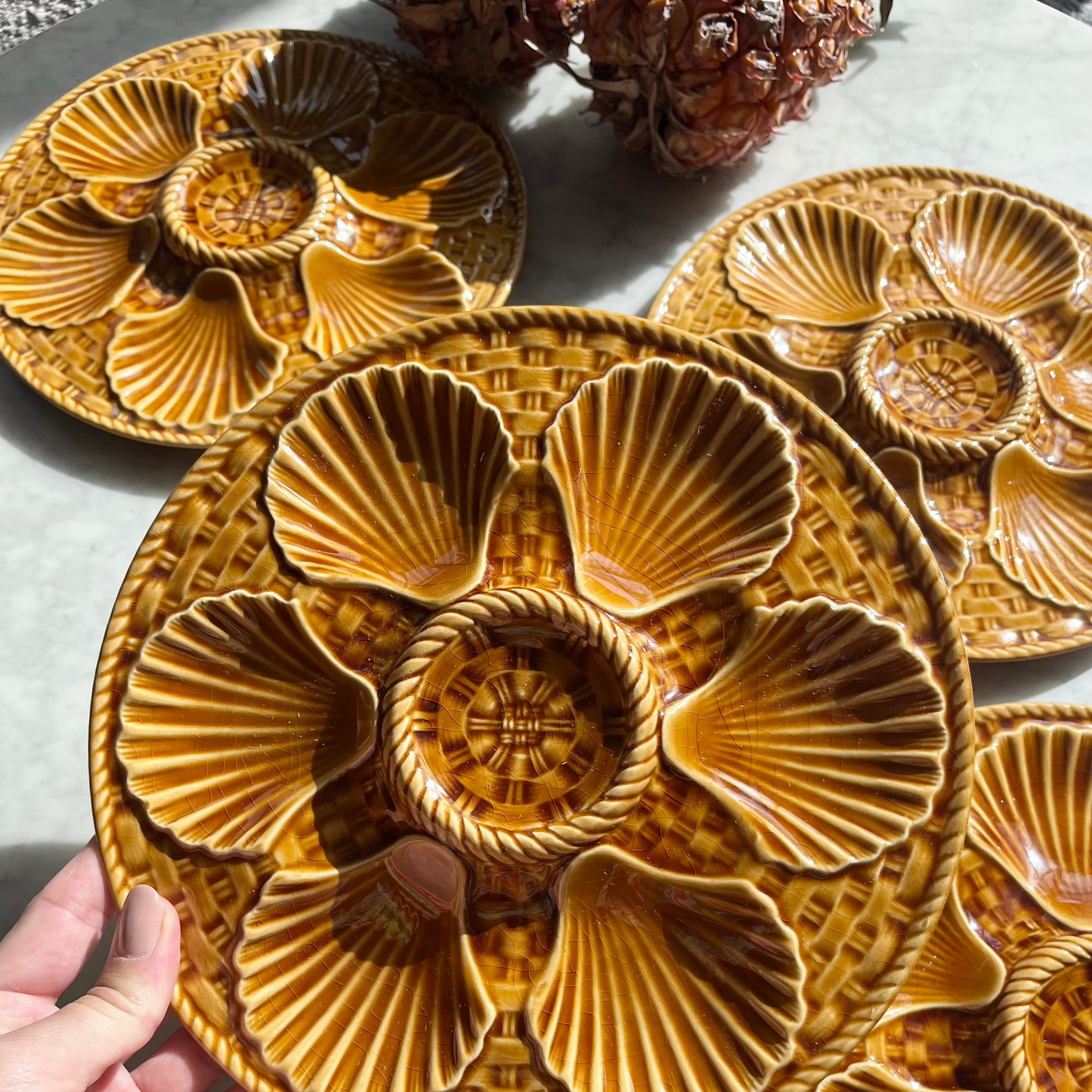 Longchamp French vintage barbotine oyster plate in mustard shade