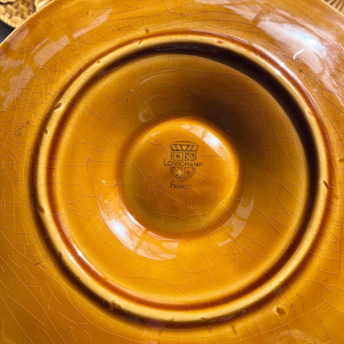 Longchamp French vintage barbotine oyster plate in mustard shade